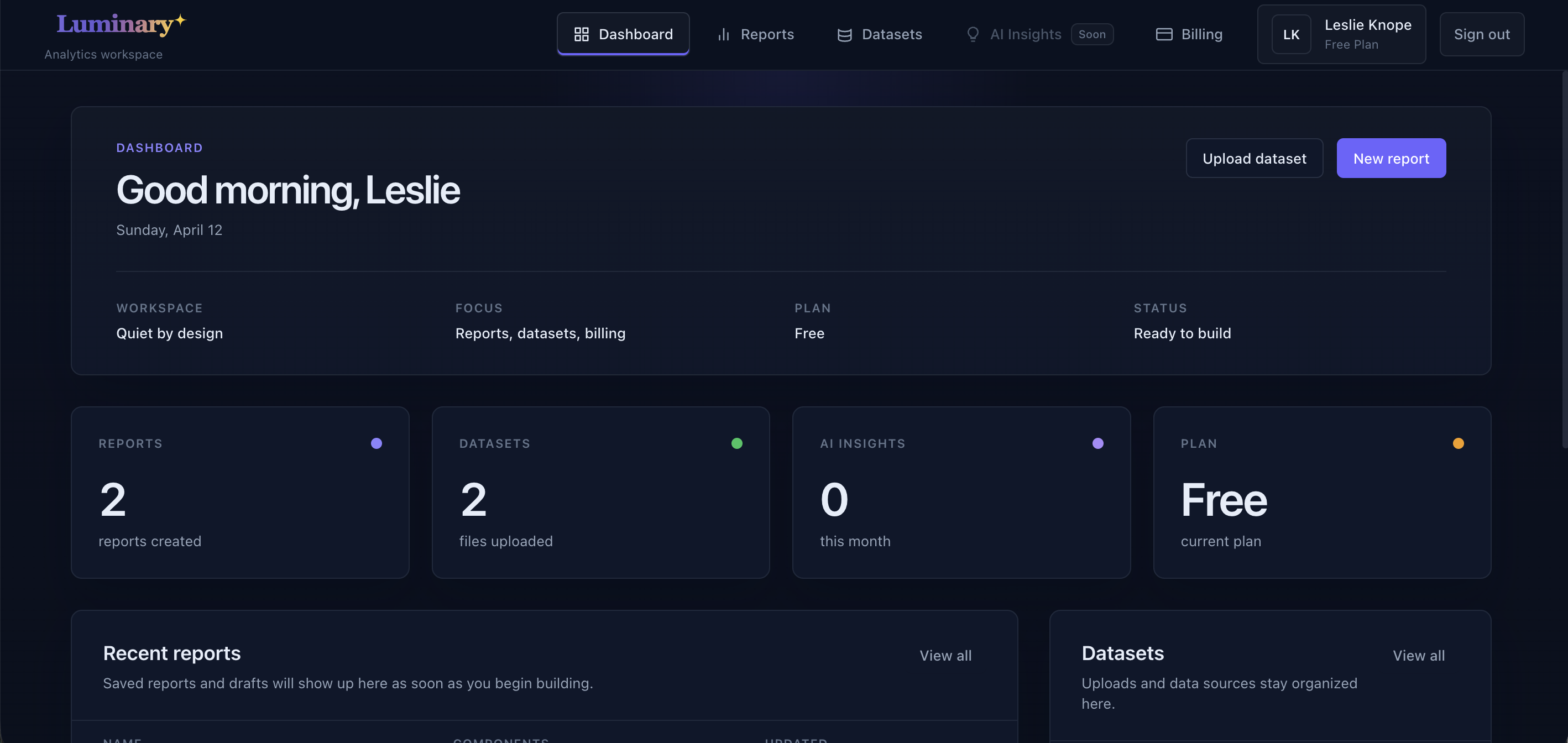Luminary dashboard, AI-powered reporting interface showing data analysis and insights